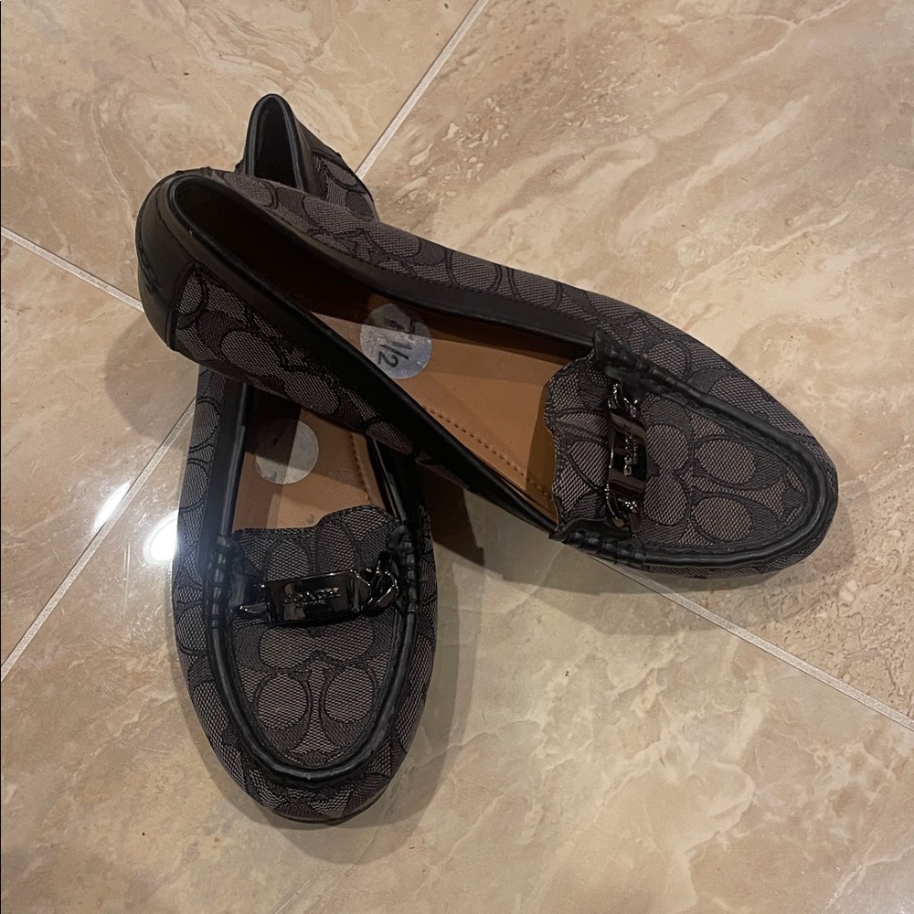 Coach Mona driver loafers in signature black grey canvas w/ patent leather trim